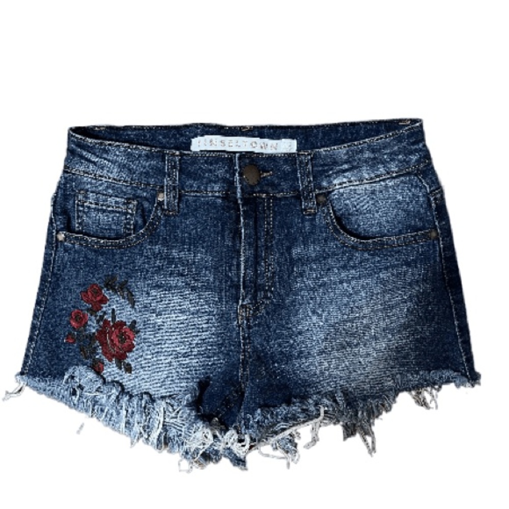 Tinseltown Dark Blue Denim Jean Shorts with Red Rose Embroidery